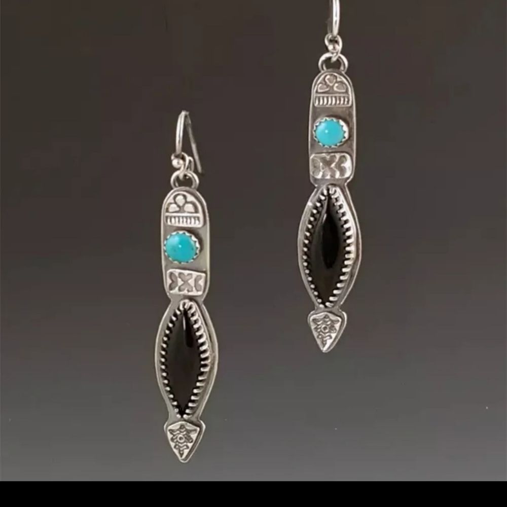 Silver Aztec or native style faux lapis Lazuli and turquoise boho drop earrings